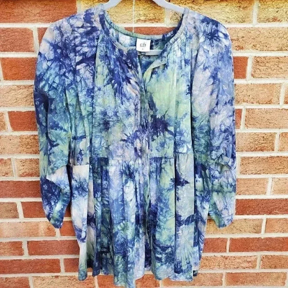 CAbi Tops - Cabi Woodstock Tye Dye Button Front Boho Flowy Top 3/4 Sleeve Women's Size Med